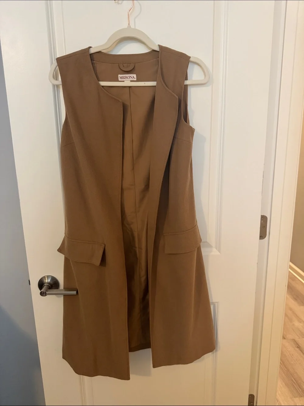 Merona Long Sleeveless Open Vest in Camel Brown